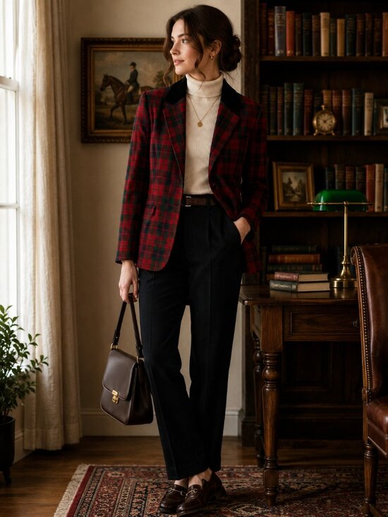 Vintage Jackets & Blazers - Vintage Sag Harbor Petite Red Green Plaid Velvet Collar Blazer Jacket 6